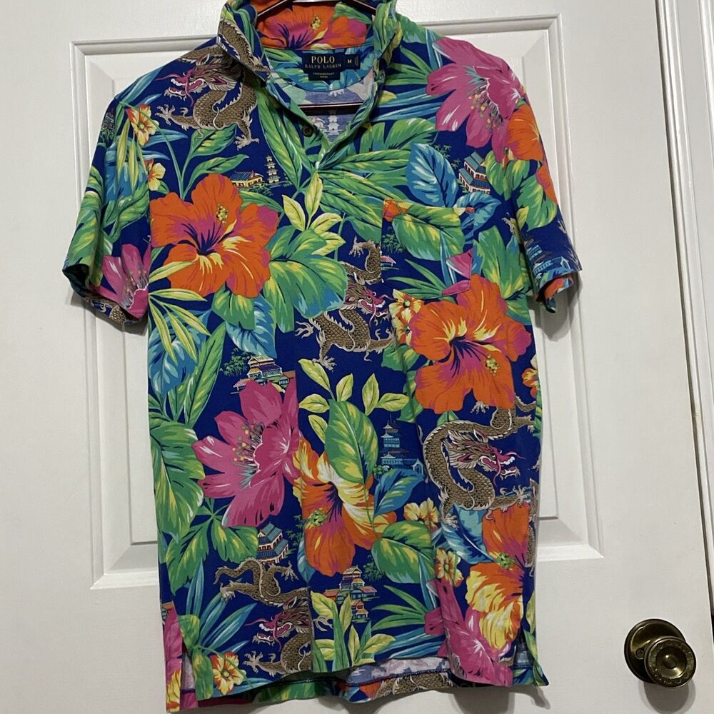 Polo Ralph Lauren Dragon Hibiscus Polo Shirt Sz M Featherweight Mesh Tropical